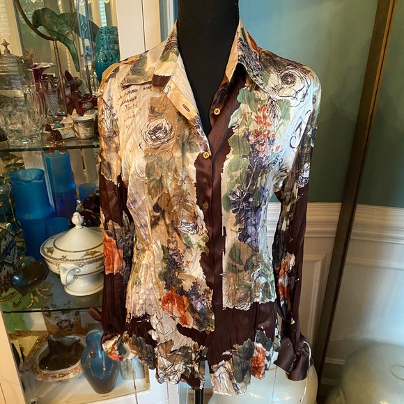 Roberta Cavalli multicolor, floral, print blouse button front wrist with ties XL - Picture 2 of 6